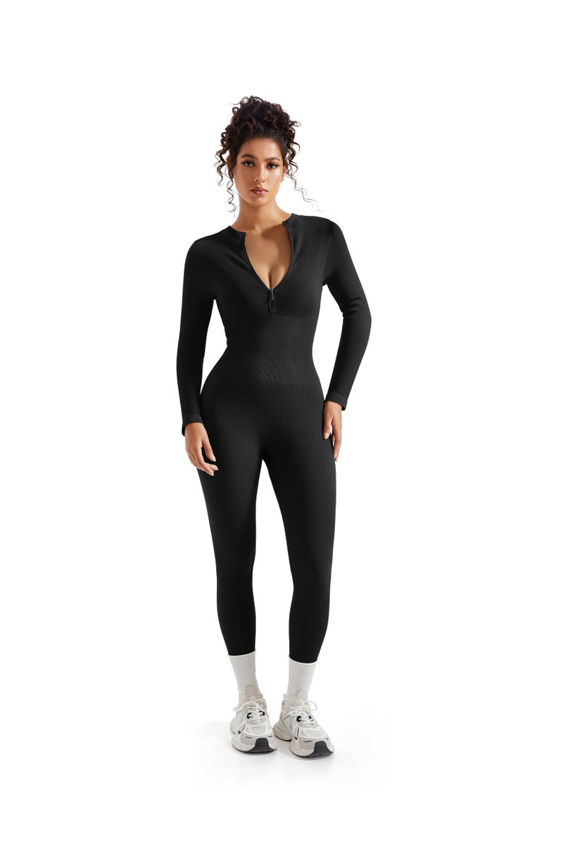 SUUKSESS Women Long Sleeve Ribbed Jumpsuit Sexy Zip up Front Workout One Piece Bodycon Jumpsuit Romper (Black, M) - Image 2
