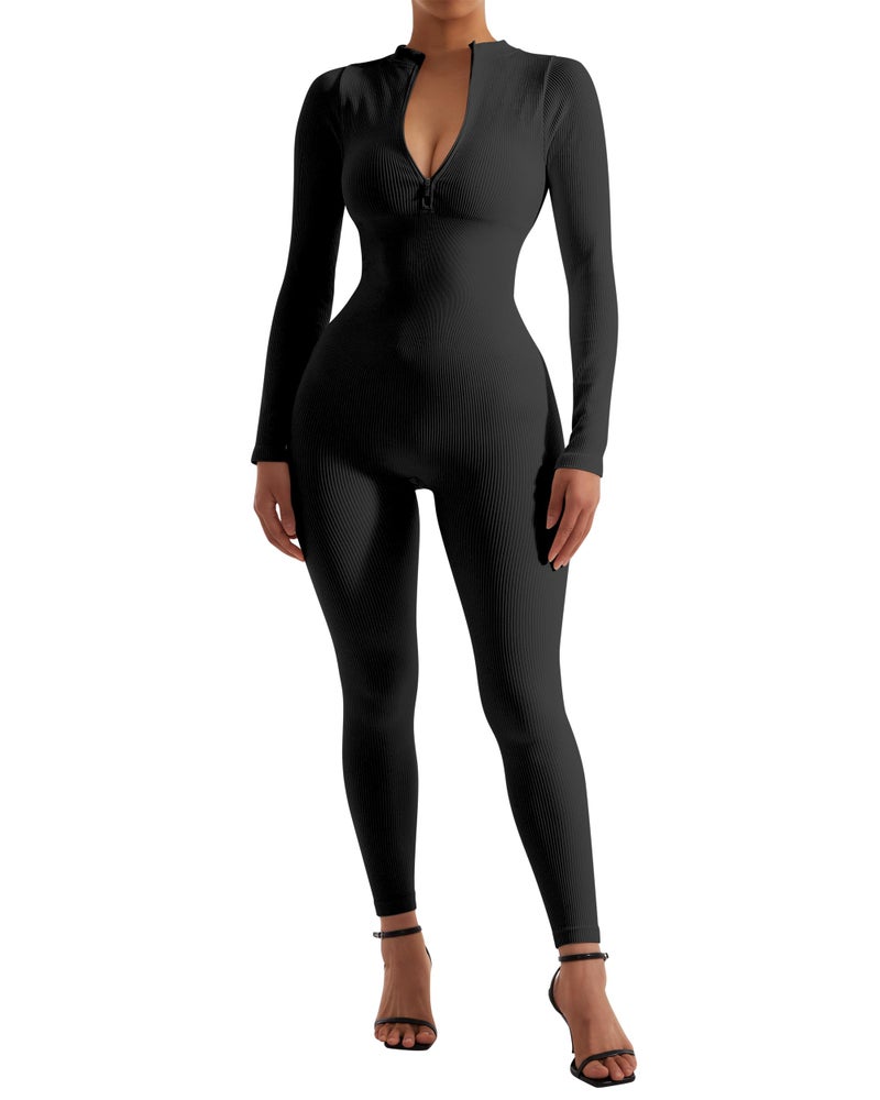 SUUKSESS Women Long Sleeve Ribbed Jumpsuit Sexy Zip up Front Workout One Piece Bodycon Jumpsuit Romper (Black, M) - Image 5