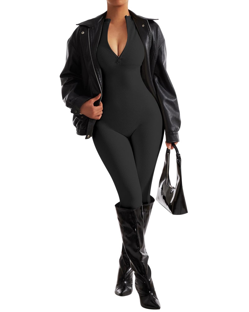 SUUKSESS Women Long Sleeve Ribbed Jumpsuit Sexy Zip up Front Workout One Piece Bodycon Jumpsuit Romper (Black, M) - Image 4
