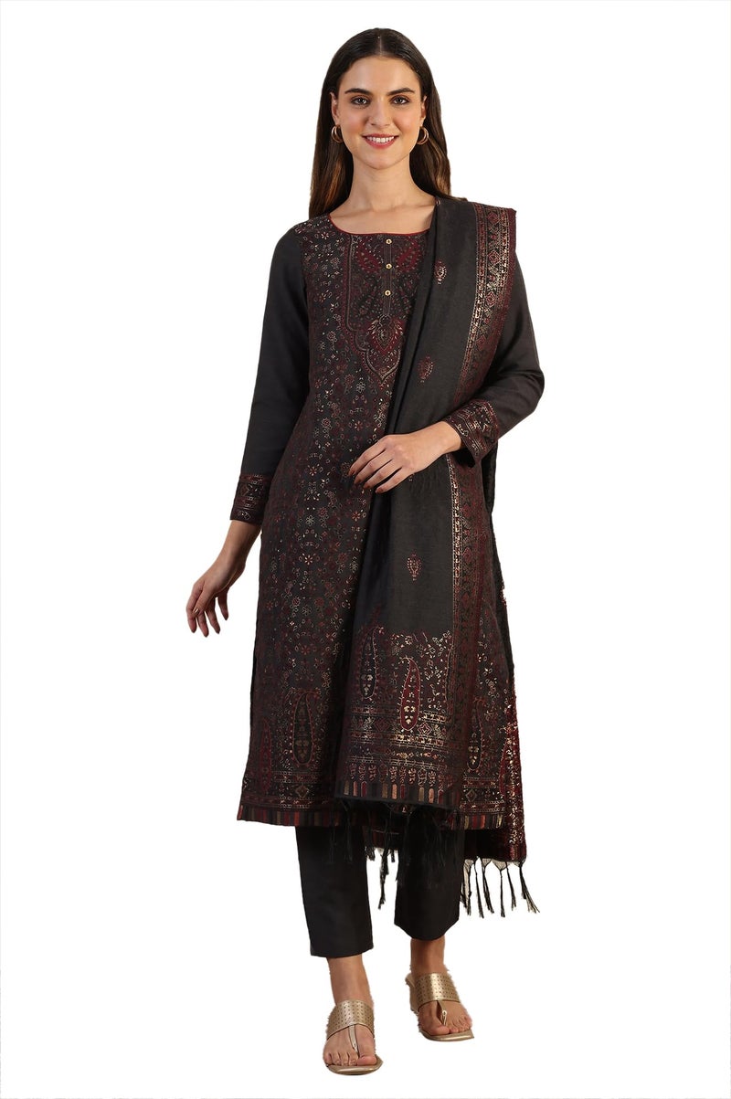 Aurelia Women's Grey Yarn Dyed Straight Kurta & Straight pant with Shawl Set (Size: L)-24NOAS15440-705355 - Image 1