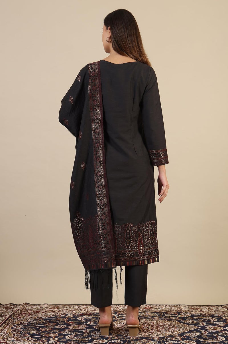 Aurelia Women's Grey Yarn Dyed Straight Kurta & Straight pant with Shawl Set (Size: L)-24NOAS15440-705355 - Image 5