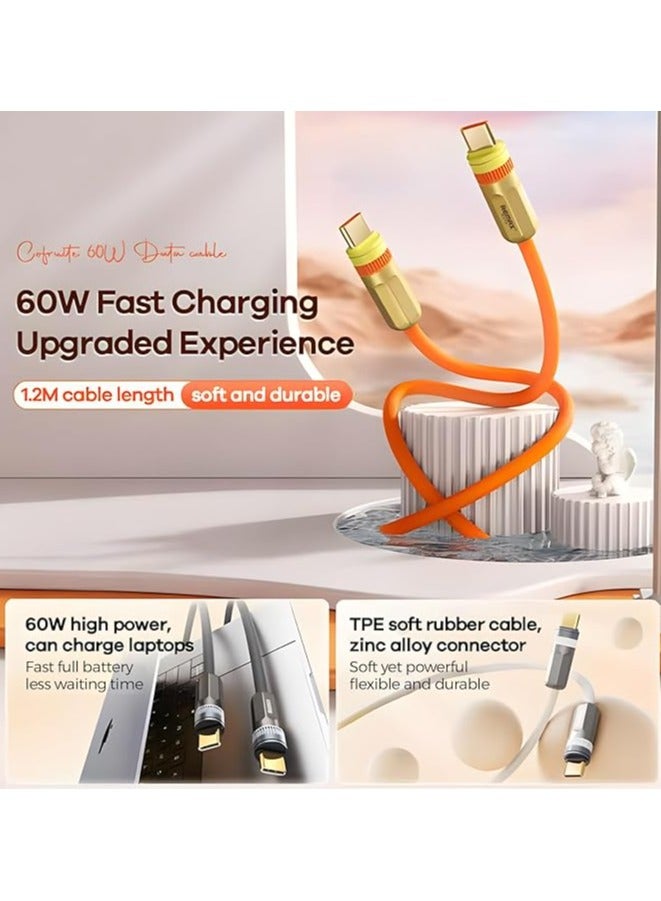 Remax Mena Data Cable 60W Zinc Alloy Fast Charging Cable, Type C to Type C,1.2M Length for Laptop Xiaomi Samsung Huawei Oppo Vivo phone Android (White A-C) - Image 2
