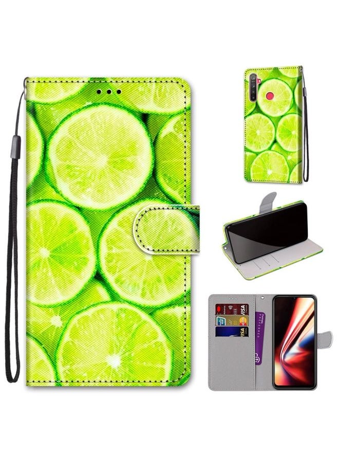 HuHa Case Cover For Realme 5 / 5s / 5i / C3 / C3i / 6i / Narzo10 / 10A / 20A Coloured Drawing Cross Texture Horizontal Flip PU Leather Case with Holder & Card Slots & Wallet & Lanyard Green Lemon 