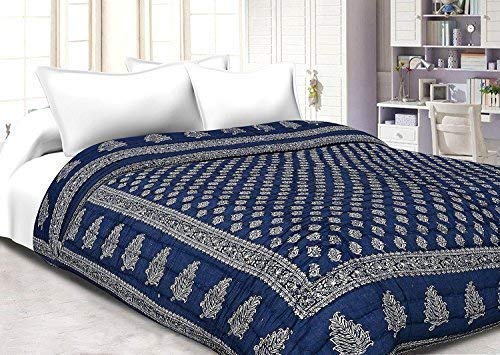 Lilfly Light Weight Single Bed Soft Jaipuri AC Quilt/Razai Designer Blue with Special Jaipuri Gold Print Cotton Quilts Blankets for Home (Size 55 x 85 inch) - Image 2