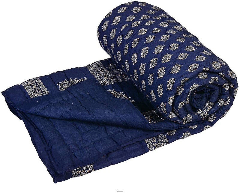 Lilfly Light Weight Single Bed Soft Jaipuri AC Quilt/Razai Designer Blue with Special Jaipuri Gold Print Cotton Quilts Blankets for Home (Size 55 x 85 inch) - Image 1