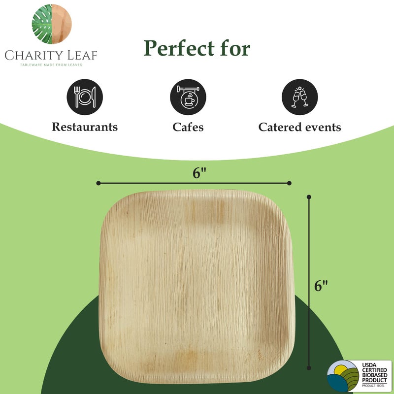 Charity Leaf Disposable Palm Leaf 6"" Square Plates (50 pieces) Bamboo Like Serving Platters  Disposable Boards  Eco-Friendly Dinnerware For Weddings  Catering  Events - Image 3