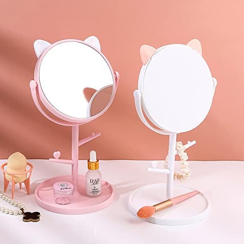 Leeonz Cosmetic Mirror with Storage Tray Cat Ears Adjustable Vanity Mirror with Small Stand for Makeup, Makeup Mirror with Desktop, Cosmetic Mirrors (White) - Image 3