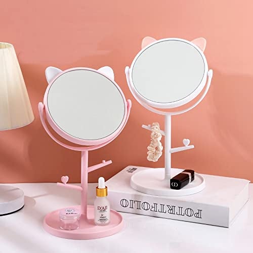 Leeonz Cosmetic Mirror with Storage Tray Cat Ears Adjustable Vanity Mirror with Small Stand for Makeup, Makeup Mirror with Desktop, Cosmetic Mirrors (White) - Image 2
