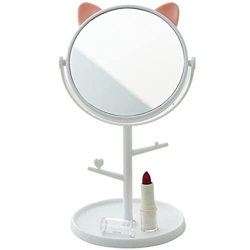 Leeonz Cosmetic Mirror with Storage Tray Cat Ears Adjustable Vanity Mirror with Small Stand for Makeup, Makeup Mirror with Desktop, Cosmetic Mirrors (White) - Image 1