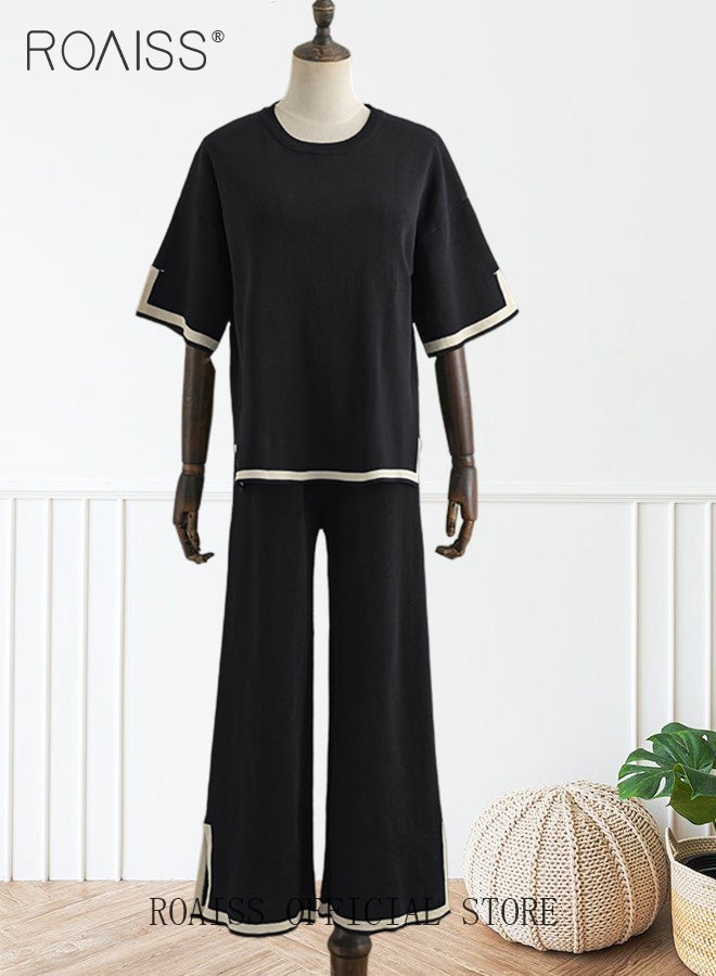 Women's Oversized Loose Suit Knitted Sweater Outfits 2 Piece Casual Set Stripe Pattern Long Sleeve Wide Leg Pants