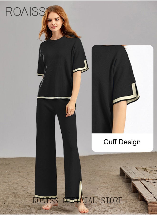 roaiss Women's Oversized Loose Suit Knitted Sweater Outfits 2 Piece Casual Set Stripe Pattern Long Sleeve Wide Leg Pants  - Image 3