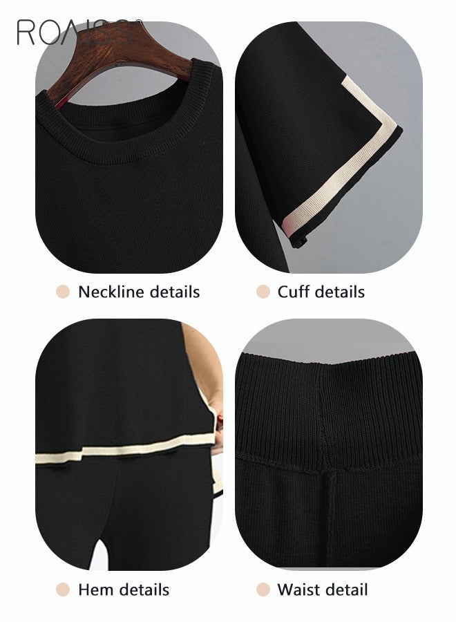 Women's Oversized Loose Suit Knitted Sweater Outfits 2 Piece Casual Set Stripe Pattern Long Sleeve Wide Leg Pants