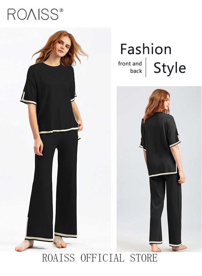 Women's Oversized Loose Suit Knitted Sweater Outfits 2 Piece Casual Set Stripe Pattern Long Sleeve Wide Leg Pants