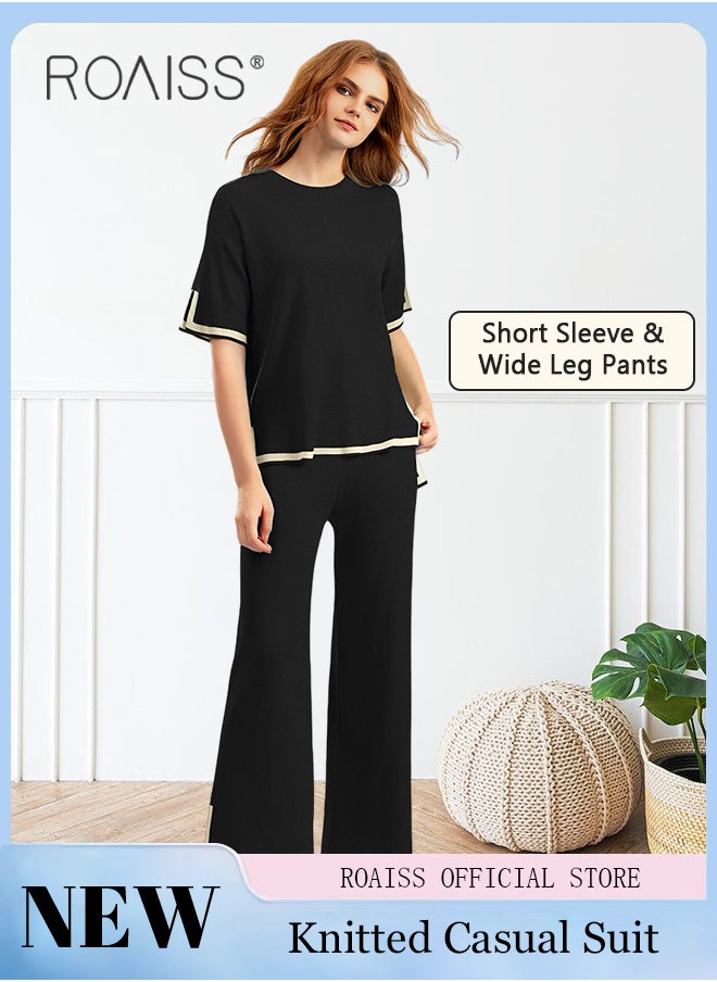 roaiss Women's Oversized Loose Suit Knitted Sweater Outfits 2 Piece Casual Set Stripe Pattern Long Sleeve Wide Leg Pants  - Image 2