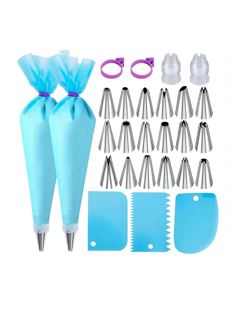 Yakumuz Piping Bags and Tips Set，Yakumuz 2 Pack 12 Inch Reusable Food Grade Icing Bags and Tips Set，18 pack Stainless Steel Icing Tips ，2 Couplers & 2 Bag Ties Include and 3 Cake Scraper - Image 1