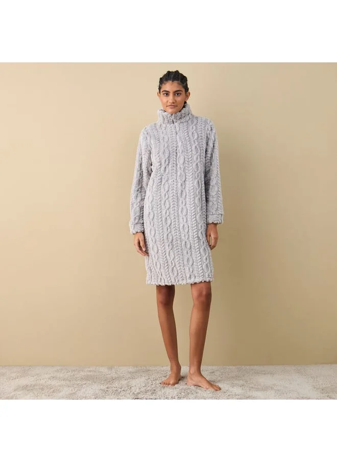 FAV Textured Long Sleeves Sleepshirt with Half Zip Closure