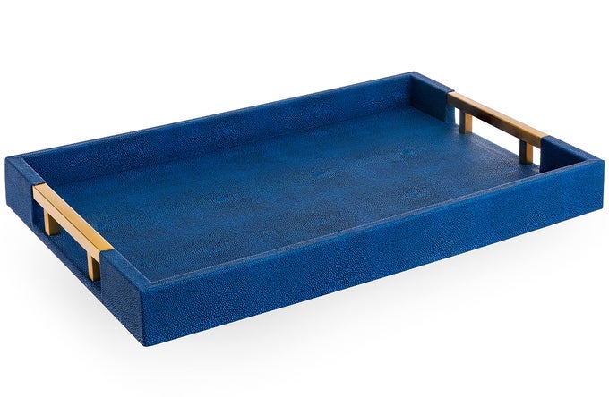 MODERN ELEGANT 18X12 RECTANGLE NAVY BLUE FAUX LEATHER SHAGREEN DECORATIVE TRAY OTTOMAN TRAY COFFEE TABLE PERFUME LIVING ROOM KITCHEN SERVING TRAY WITH BRASS GOLD METAL HANDLES BY