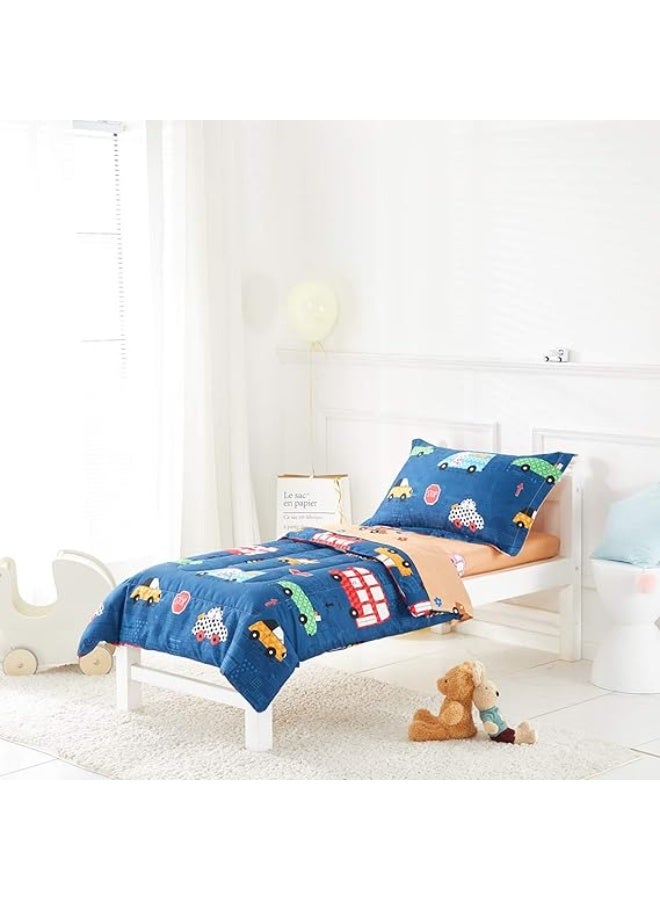 Uozzi Bedding Boys Toddler Bedding Set Navy with Colorful Cars Includes 1 Boys Comforter, Flat Sheet, Fitted Sheet and Pillowcase - Image 1