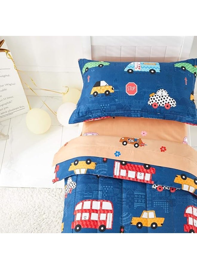 Uozzi Bedding Boys Toddler Bedding Set Navy with Colorful Cars Includes 1 Boys Comforter, Flat Sheet, Fitted Sheet and Pillowcase - Image 2