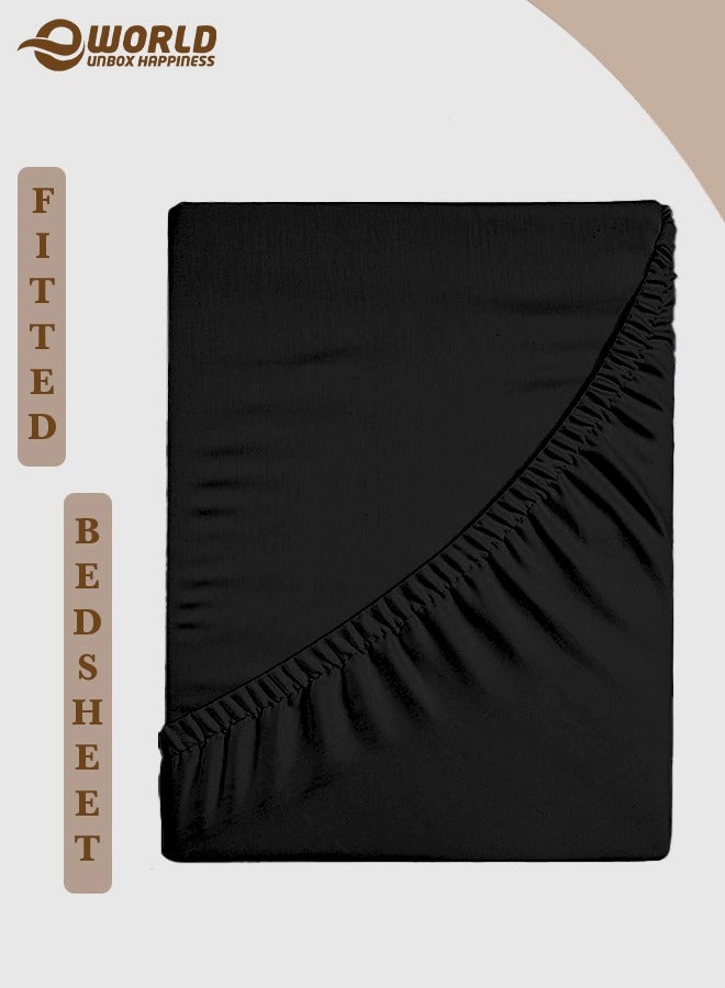 Eworld Black Microfiber Fitted Bedsheet with Deep Pocket for a Snug Fit, Breathable, Machine Washable for Optimal Protection, Available in King, Queen and Single Sizes, Without Pillow Cover - Image 1