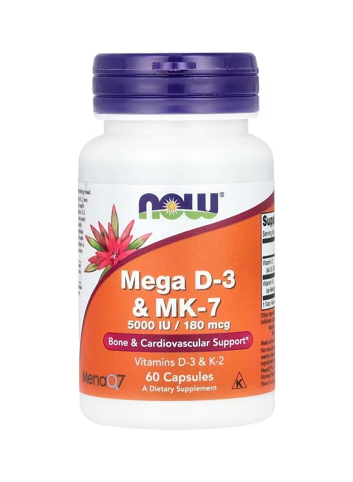 now Mega D-3 & Mk-7 With Vitamins D-3 & K-2, 5,000 Iu/180 Mcg, Bone & Cardiovascular Support, 60 Veg Capsules  - Image 1