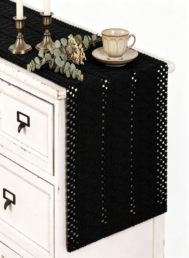 MLMC Black Boho Table Runner Farmhouse Macrame Woven Table Runner 36 inch Long Rustic Cotton Linen Blend Table Decor for Dinning Kitchen Wedding Bridal Shower Eveyrday Use 12x36 Inch - Image 1