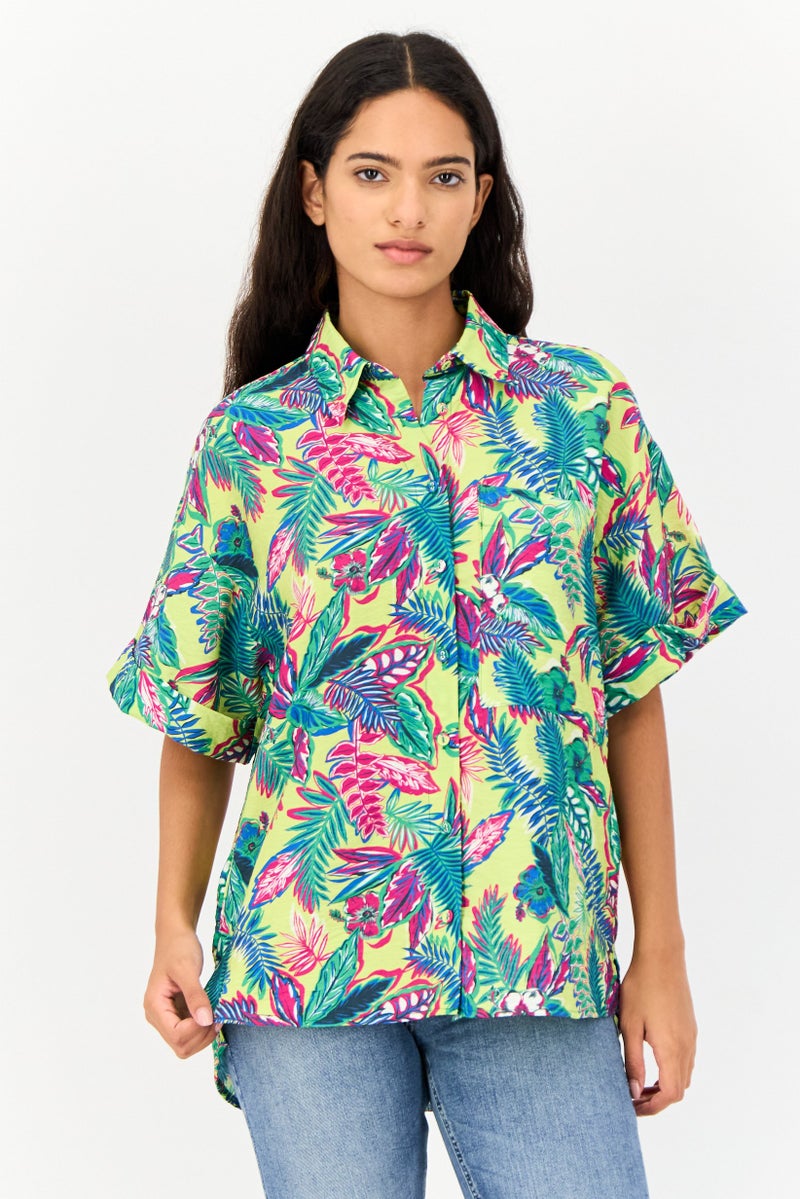 KOTON Women Spread Collar Short Sleeve Floral Print Shirt, Multicolor - Image 1