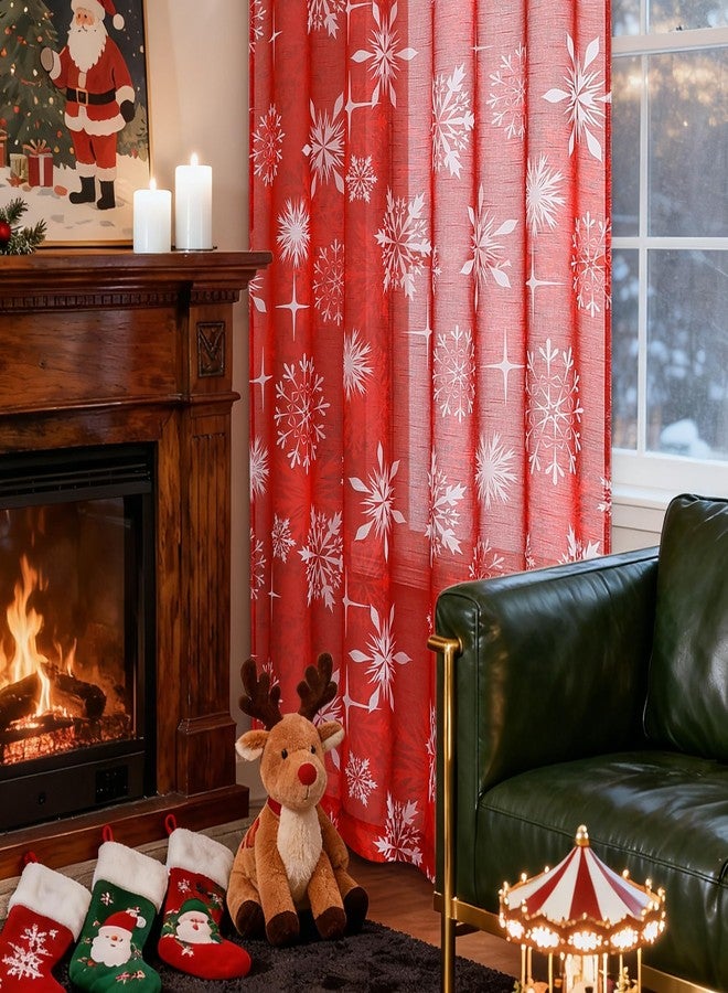 BROSHAN Red Christmas Sheer Curtains 84 inch Length- Xmas Holiday Bedroom Curtains 2 Panels Set White Snowflake Patterned Light Filtering Window Curtain Drapes for Living Room Decoration - Image 3