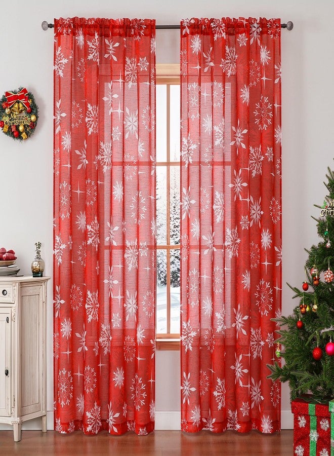BROSHAN Red Christmas Sheer Curtains 84 inch Length- Xmas Holiday Bedroom Curtains 2 Panels Set White Snowflake Patterned Light Filtering Window Curtain Drapes for Living Room Decoration - Image 2