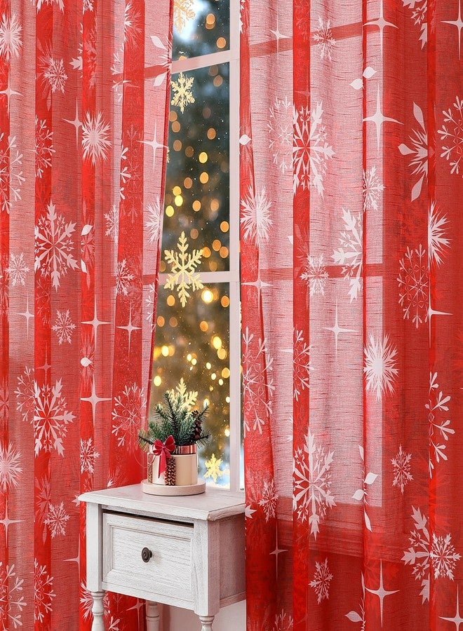 BROSHAN Red Christmas Sheer Curtains 84 inch Length- Xmas Holiday Bedroom Curtains 2 Panels Set White Snowflake Patterned Light Filtering Window Curtain Drapes for Living Room Decoration - Image 4