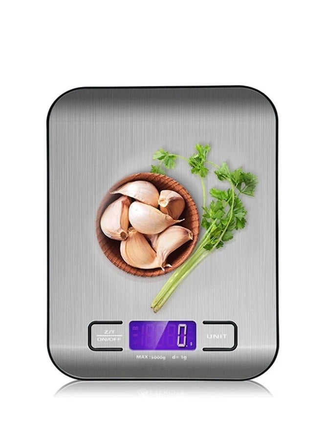 BELLSBERRY ميزان مطبخ رقمي 5 كجم - ميزان طعام من الفولاذ المقاوم للصدأ مع شاشة LCD ووظيفة الوزن الصافي للدقة - Image 1