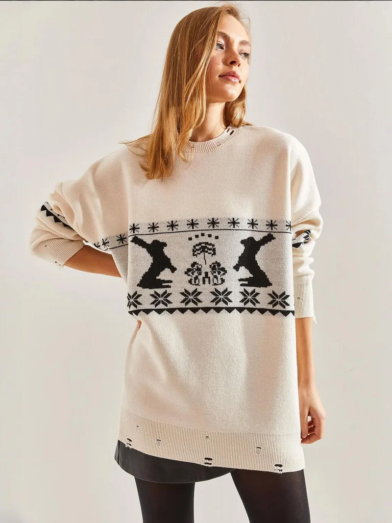 بيانكو لوتشي بلوفر لوكسي طويل واسع بنقوش محبوك بياقة دائرية