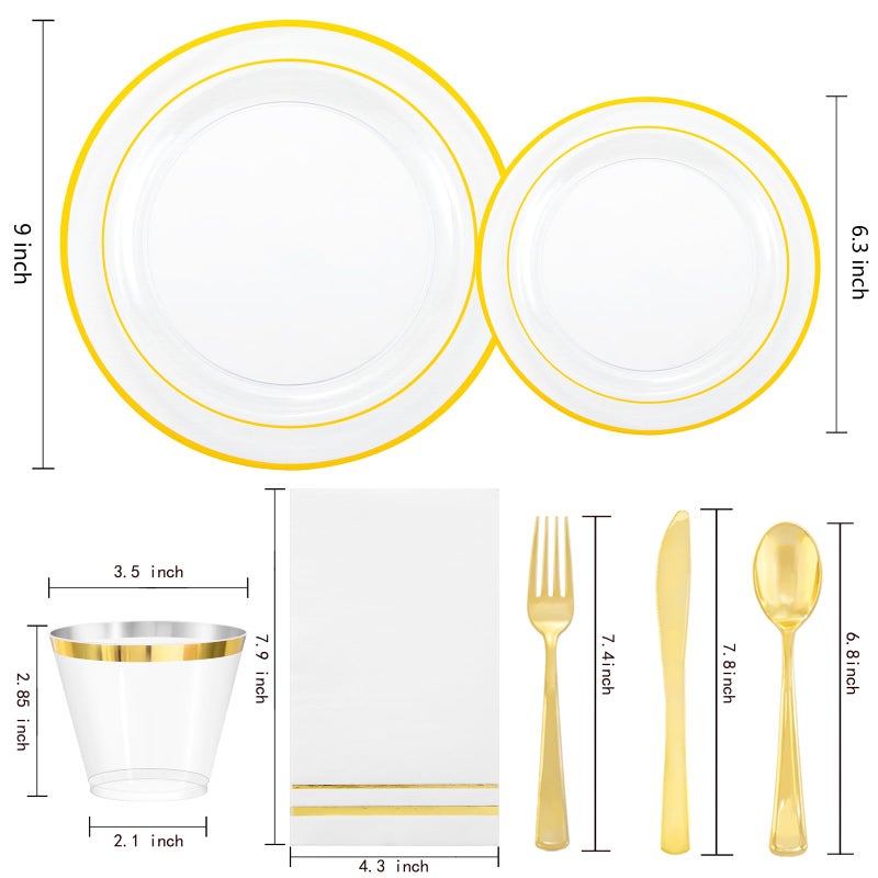GATHER 350pcs Clear and Gold Plastic Plates-Disposable Clear Plates with Gold Trim Dinnerware for 50 Guests-50 9inch Plates 50 6.3inch Plates 50 Napkins with Cutlery 50 Cups for Party - Image 2