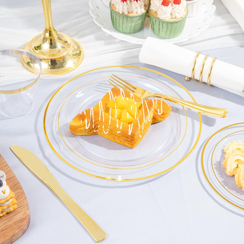 GATHER 350pcs Clear and Gold Plastic Plates-Disposable Clear Plates with Gold Trim Dinnerware for 50 Guests-50 9inch Plates 50 6.3inch Plates 50 Napkins with Cutlery 50 Cups for Party - Image 5