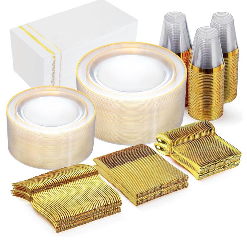 GATHER 350pcs Clear and Gold Plastic Plates-Disposable Clear Plates with Gold Trim Dinnerware for 50 Guests-50 9inch Plates 50 6.3inch Plates 50 Napkins with Cutlery 50 Cups for Party - Image 1