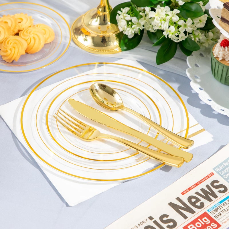 GATHER 350pcs Clear and Gold Plastic Plates-Disposable Clear Plates with Gold Trim Dinnerware for 50 Guests-50 9inch Plates 50 6.3inch Plates 50 Napkins with Cutlery 50 Cups for Party - Image 4