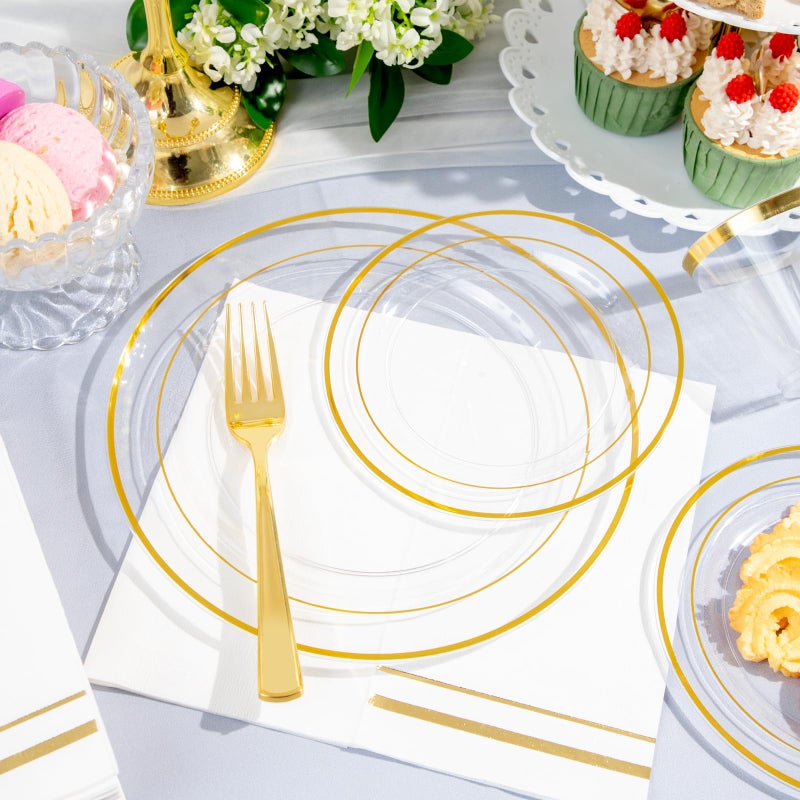 GATHER 350pcs Clear and Gold Plastic Plates-Disposable Clear Plates with Gold Trim Dinnerware for 50 Guests-50 9inch Plates 50 6.3inch Plates 50 Napkins with Cutlery 50 Cups for Party - Image 3