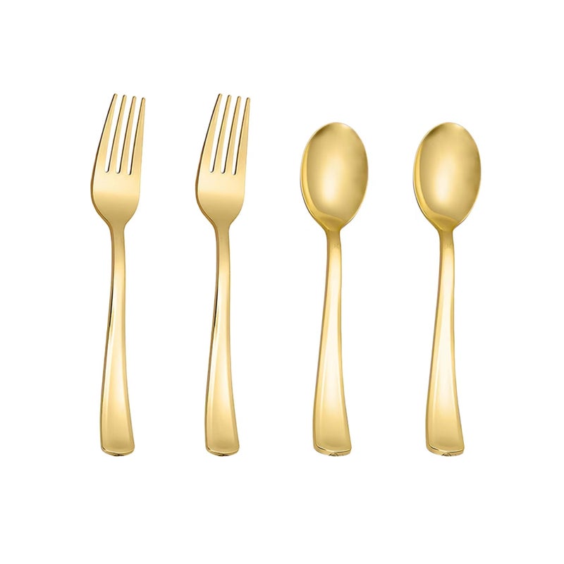 N9R 100 PCS Gold Plastic Silverware Heavy Duty Disposable Cutlery Set for Parties Disposable Plastic Spoons and Forks Includes 50 Gold Spoons and 50 Forks for Weddings Birthday Dinners