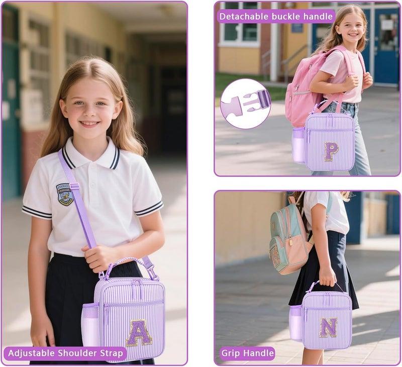 CLOUDWINGS Insulated Lunch Bag for Kids - Initial Cute Leak-Proof Lunch Box for Girls with Adjustable Strap, Back to School Gift (C-Purple) - Image 2