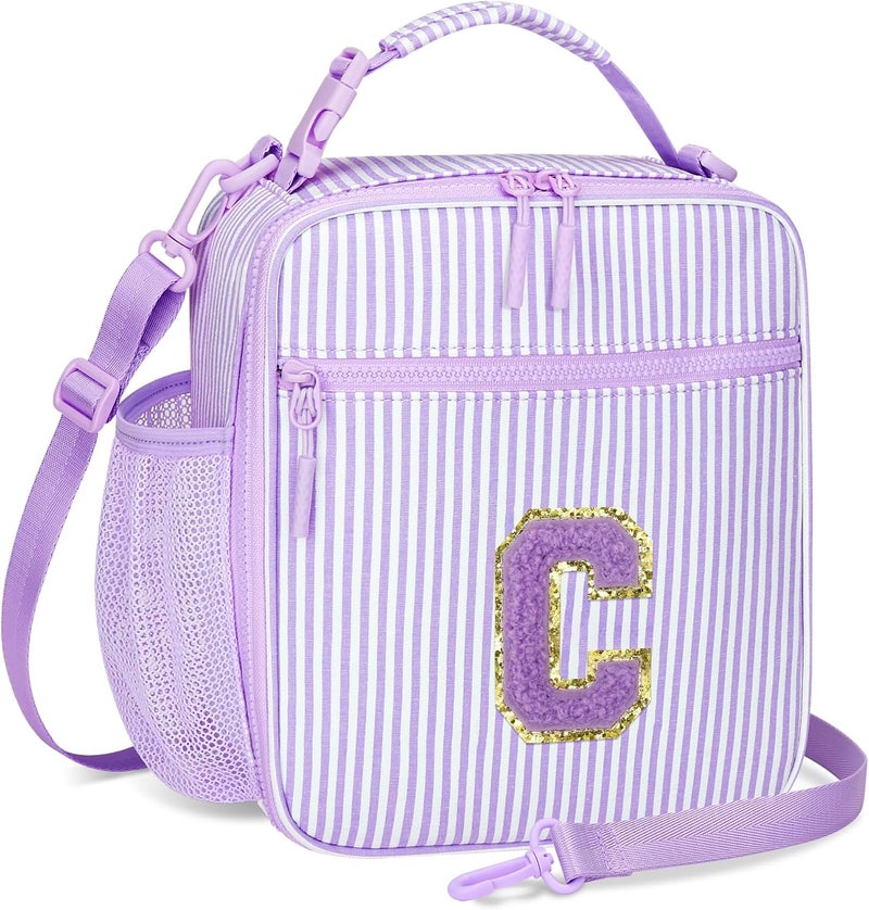CLOUDWINGS Insulated Lunch Bag for Kids - Initial Cute Leak-Proof Lunch Box for Girls with Adjustable Strap, Back to School Gift (C-Purple) - Image 1