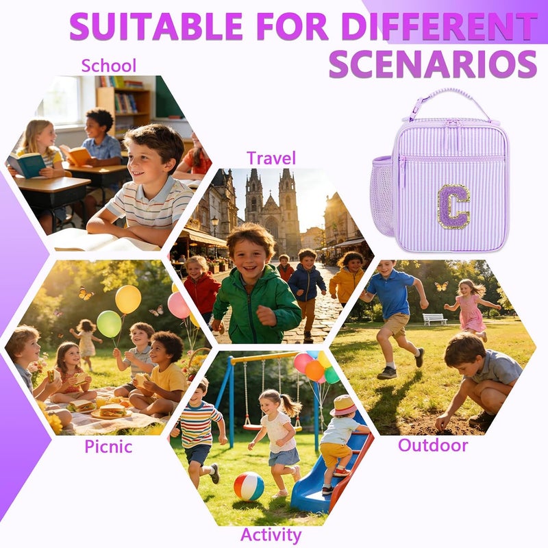 CLOUDWINGS Insulated Lunch Bag for Kids - Initial Cute Leak-Proof Lunch Box for Girls with Adjustable Strap, Back to School Gift (C-Purple) - Image 5