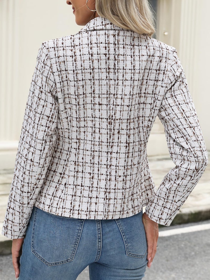ELLEVEN Womens Blazer Business Casual Suit Jackets Tweed Blazers for Women Slim Fit Fitted Outfits Long Sleeve Stand Collar Blazer Dressy Coat Cardigan with Padded Shoulder Beige Medium - Image 3