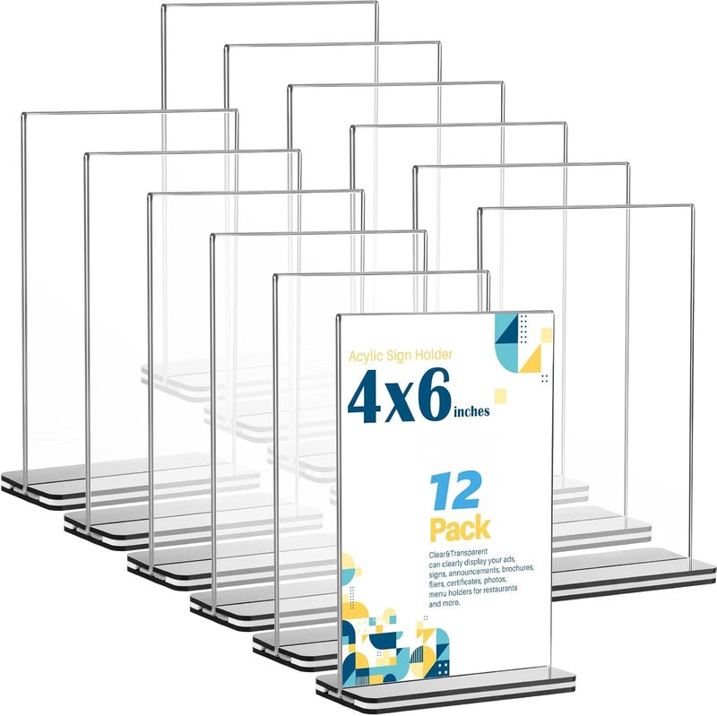 Excefore Acrylic Sign Holder A6, Clear Table Sign Holder Double Sided T Shape Plastic Desktop Display Holder Vertical Menu Stand Business Store Sign Holders For Wedding School Office Hotel Party(A6, 12 Pack) - Image 1