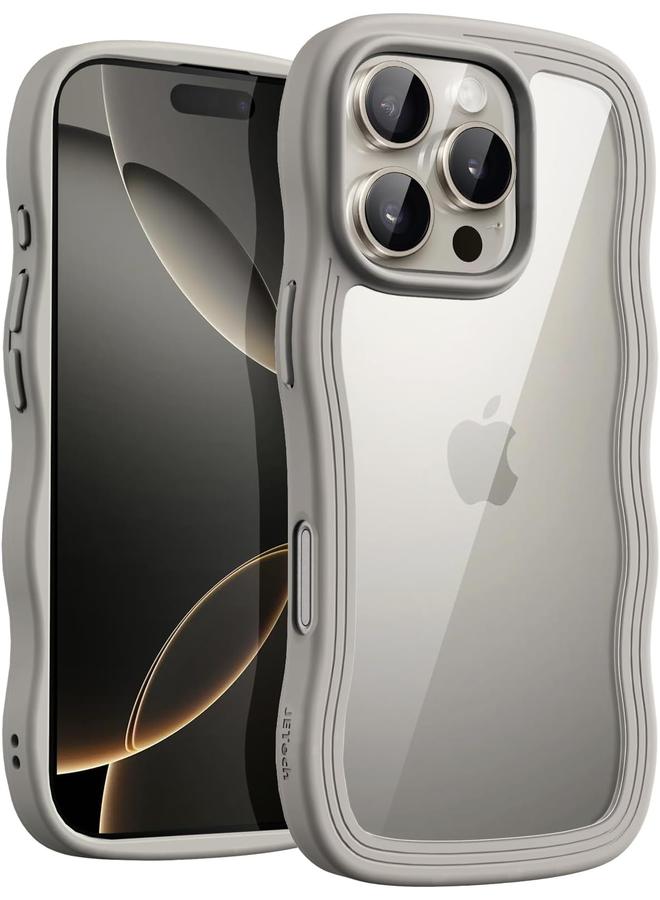 جي تيك جراب مموج لهاتف Iphone 16 Pro مقاس 6.3 بوصة بإطار مموج لطيف على شكل مجعد غطاء هاتف مقاوم للصدمات للنساء والفتيات بظهر شفاف صلب من مادة البولي كربونات من التيتانيوم الطبيعي - Image 1