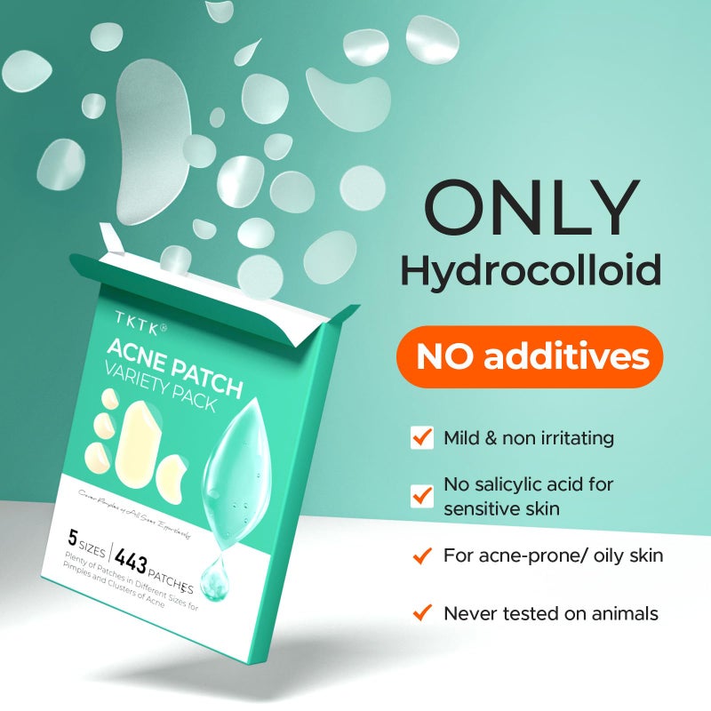 TKTK 443 Count Pimple Patches for Face, Hydrocolloid Acne Patch Bulk, Acne Stickers for Covering Cheeks, Forehead, Chin Blemishes Zit Breakouts for All Skin Types (Dots, Strip, Contoured 5 Sizes) - Image 5