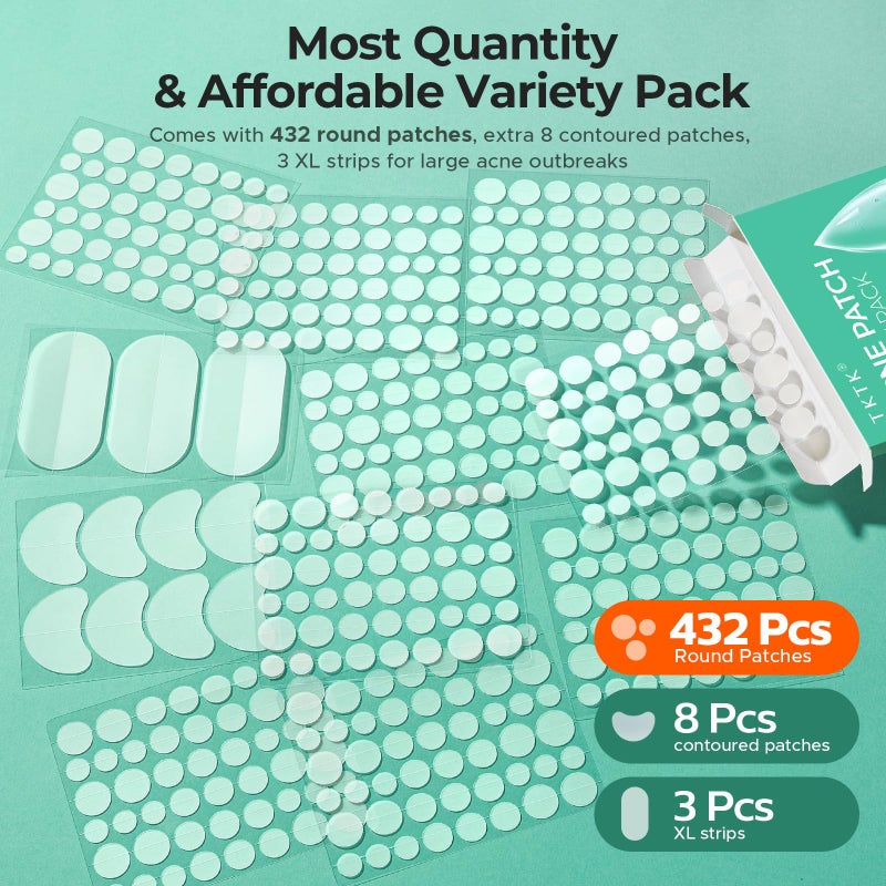 TKTK 443 Count Pimple Patches for Face, Hydrocolloid Acne Patch Bulk, Acne Stickers for Covering Cheeks, Forehead, Chin Blemishes Zit Breakouts for All Skin Types (Dots, Strip, Contoured 5 Sizes) - Image 2