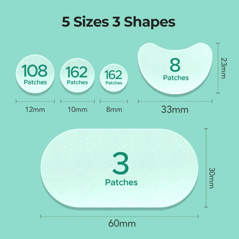 TKTK 443 Count Pimple Patches for Face, Hydrocolloid Acne Patch Bulk, Acne Stickers for Covering Cheeks, Forehead, Chin Blemishes Zit Breakouts for All Skin Types (Dots, Strip, Contoured 5 Sizes) - Image 4