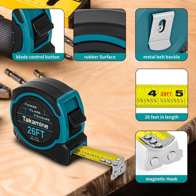 Takamine Tape Measure Professional 26 Feet, 1/8 Fraction Easy Read Retractable Measuring Tape, with Magnetic Hook, Manual Lock, Rubber casing, Suitable for Engineers/Surveyors/Carpenters/Construction - Image 2