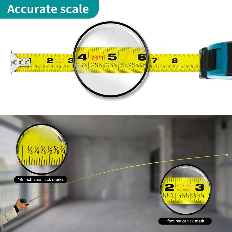 Takamine Tape Measure Professional 26 Feet, 1/8 Fraction Easy Read Retractable Measuring Tape, with Magnetic Hook, Manual Lock, Rubber casing, Suitable for Engineers/Surveyors/Carpenters/Construction - Image 3