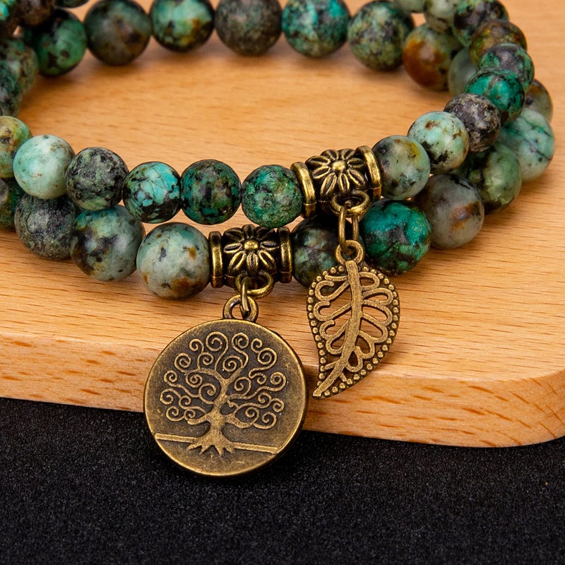 Bivei Natural Semi Precious Gemstone Beads Bracelet for Women - Life Tree and Leaf Charm Chakra Energy Anxiety Stretch Bracelets(African Turquoise) - Image 4